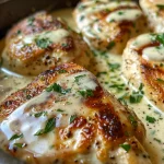 Side view of a skillet filled with creamy garlic Parmesan chicken and sauce.