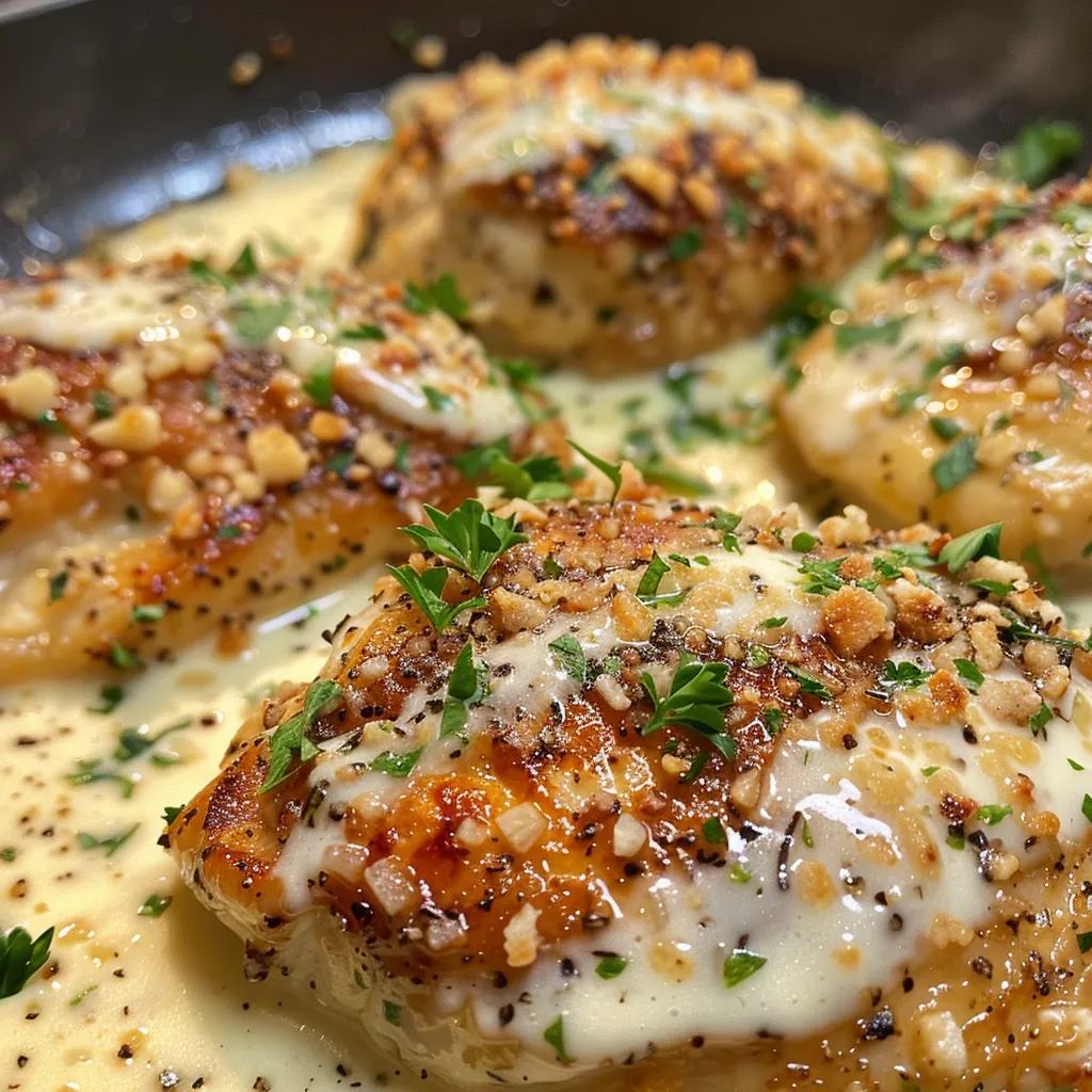 Delicious garlic Parmesan chicken dish, rich and creamy, served in a cast iron skillet.