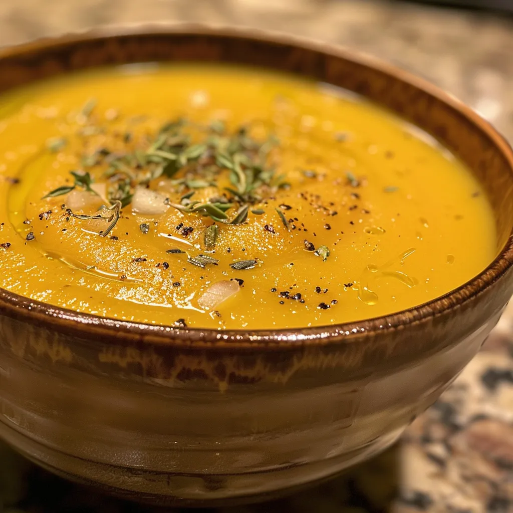 A delicious serving of pumpkin soup, showcasing fresh ingredients and spices.