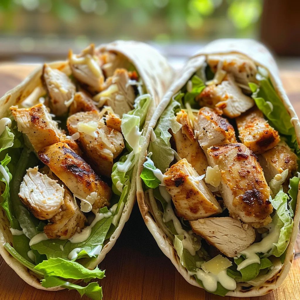 Detailed close-up of a wrapped Caesar salad featuring grilled chicken, fresh greens, and dressing.