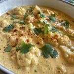 Textured cauliflower cream infused with curry spices served in a rustic bowl.