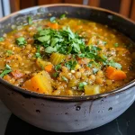 A colorful bowl of Detox Moroccan Lentil Soup, showcasing various vegetables and spices.