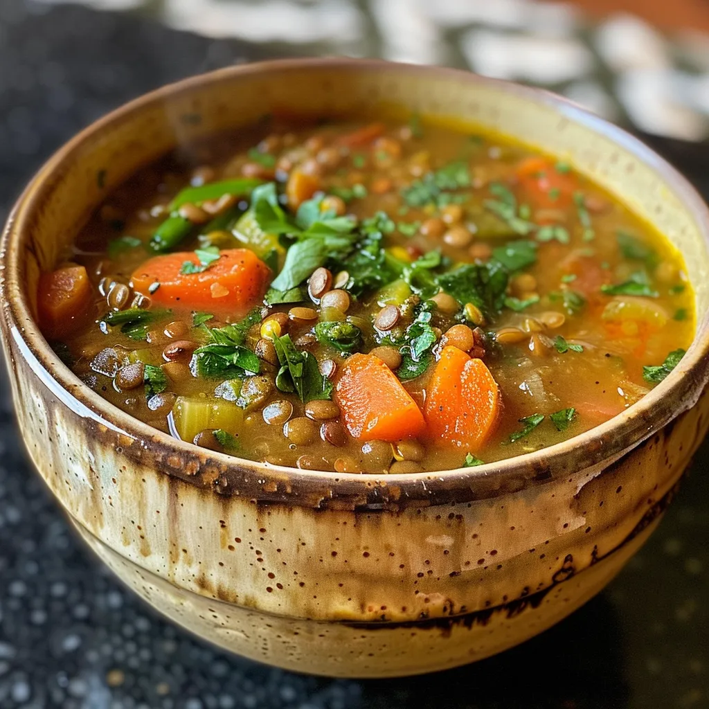 Rich and hearty Detox Moroccan Lentil Soup displayed in a rustic setting.