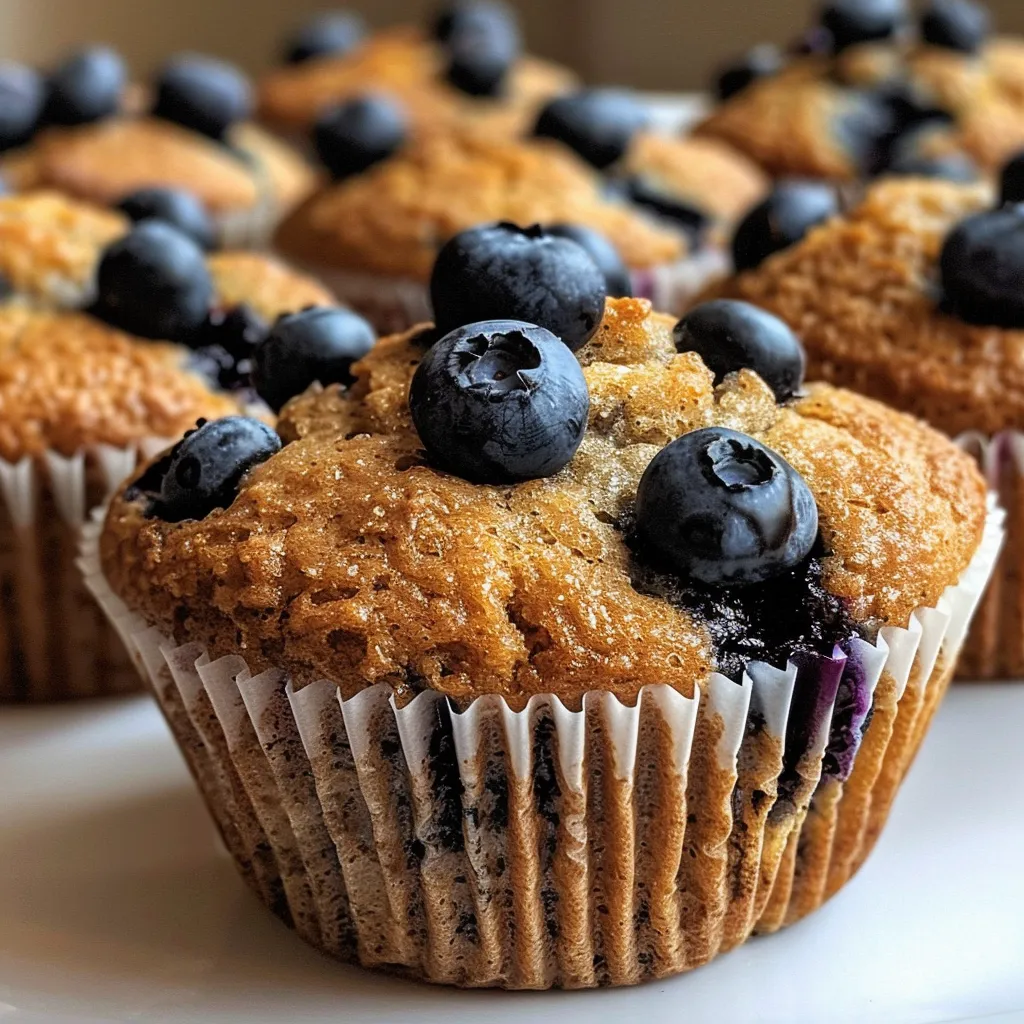 Freshly baked blueberry muffins with a healthy twist, highlighting their whole wheat texture and colorful blueberries.
