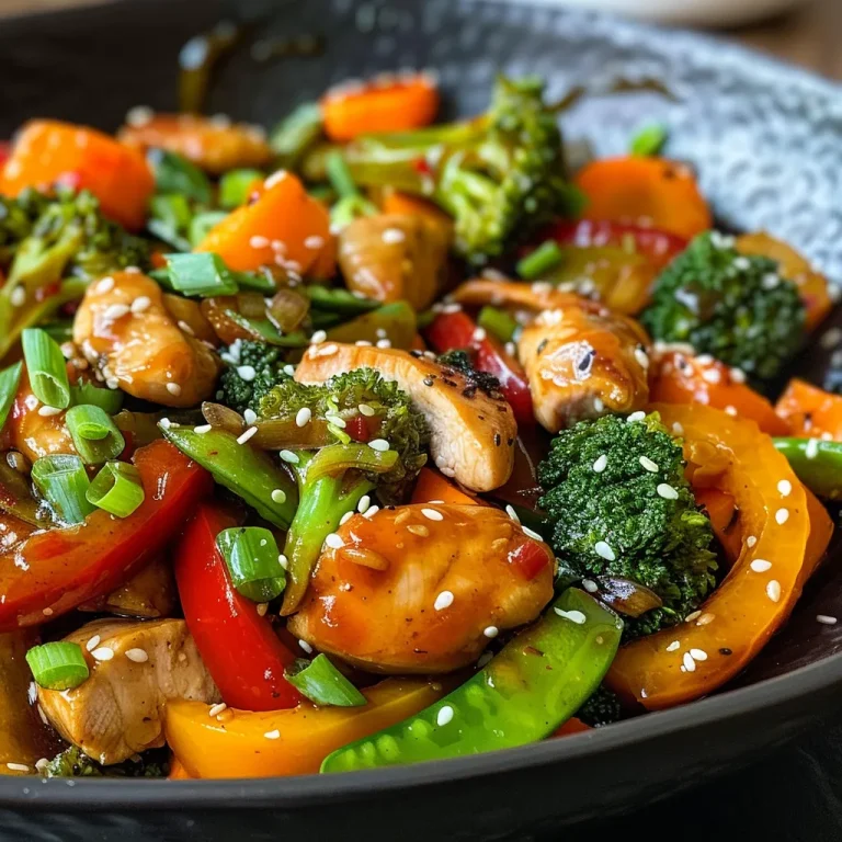 Juicy chicken slices mixed with fresh vegetables in a side view photo.