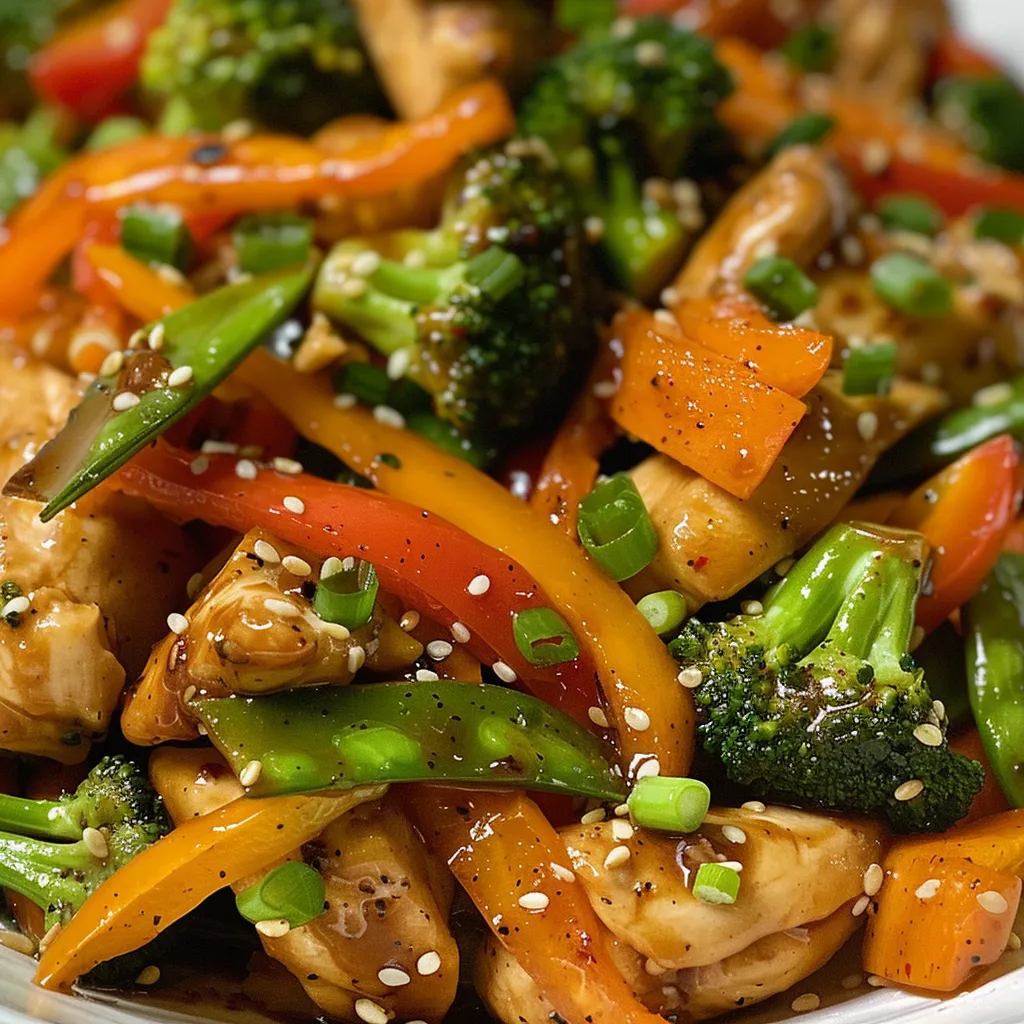 Brightly colored stir-fry showcasing chicken and a variety of vegetables.