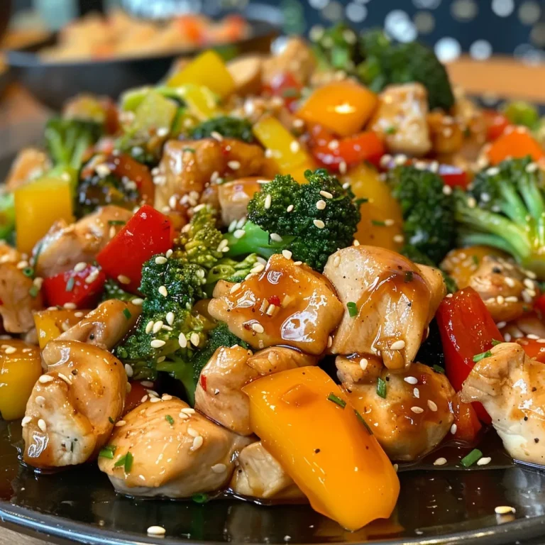 Juicy Easy Chicken Stir Fry showcasing chicken, broccoli, and various peppers on a plate.