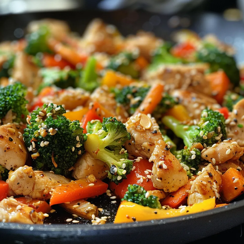Delicious stir fry with chicken tenders, broccoli, and bell peppers, highlighting its freshness.
