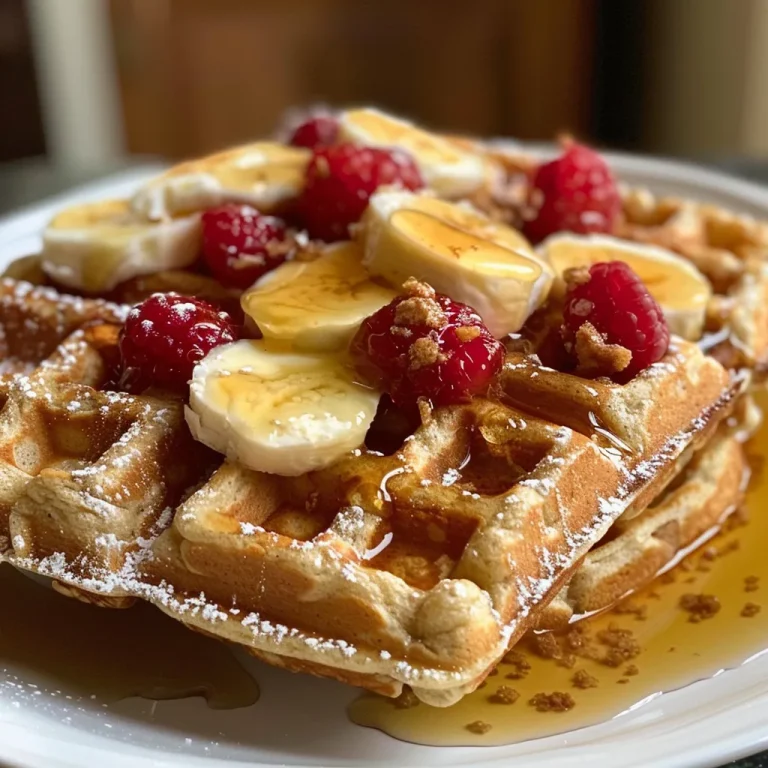 Fluffy oatmeal waffles topped with syrup, captured in detail.