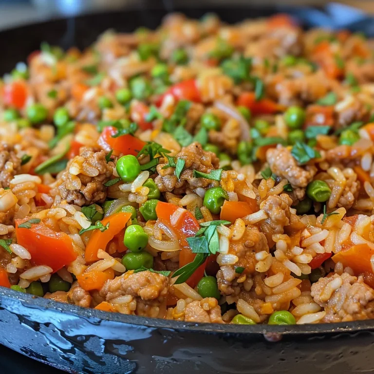 One-Skillet Wonder: A Flavor-Packed Turkey Rice Dinner for Busy Nights A savory turkey rice skillet highlighted in rich colors, showcasing the ingredients mixed and cooked together.
