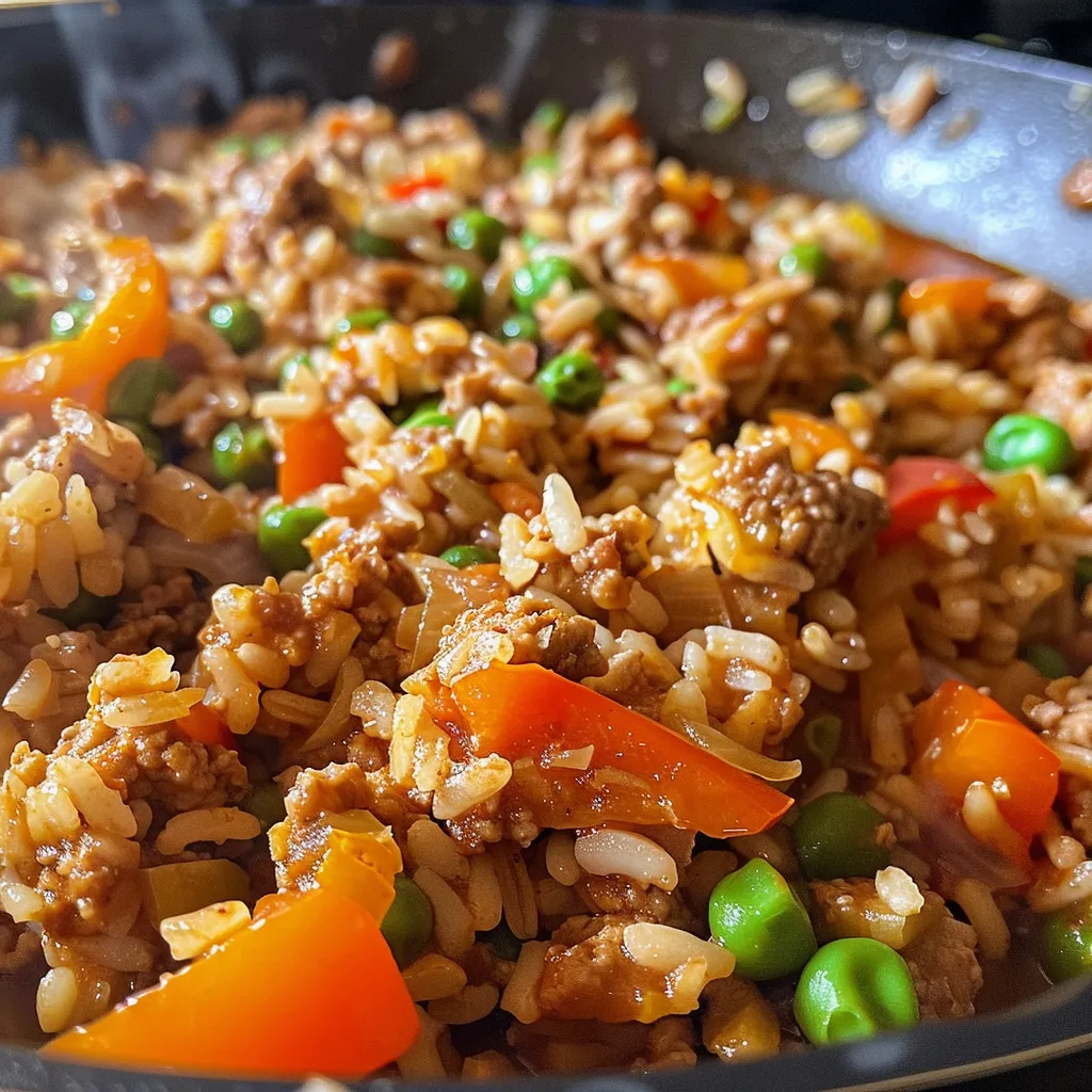 A close-up shot of a comforting turkey rice meal in a skillet, emphasizing the juicy ground turkey and fresh vegetables.