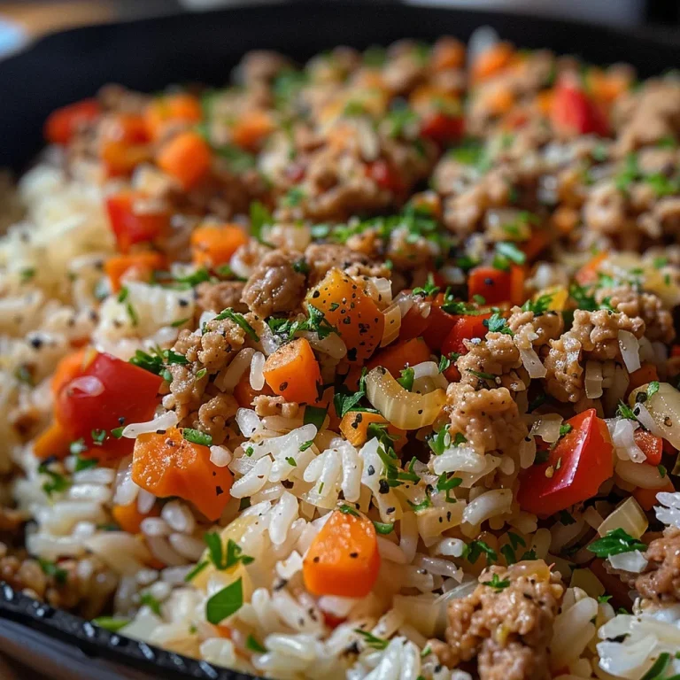 One-Pan Wonder: Easy Turkey Vegetable Rice Skillet for Flavorful Weeknight Dinners A hearty dish featuring turkey, rice, and assorted vegetables in a pan.