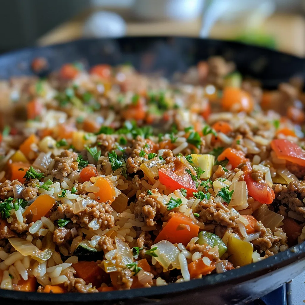 Side view of a turkey vegetable rice skillet, showcasing its rich texture and colors.