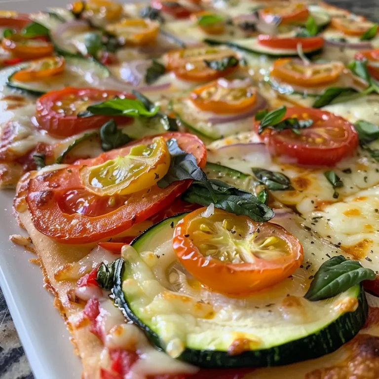 Juicy veggie pizza featuring sliced bell peppers, zucchini, and cherry tomatoes.