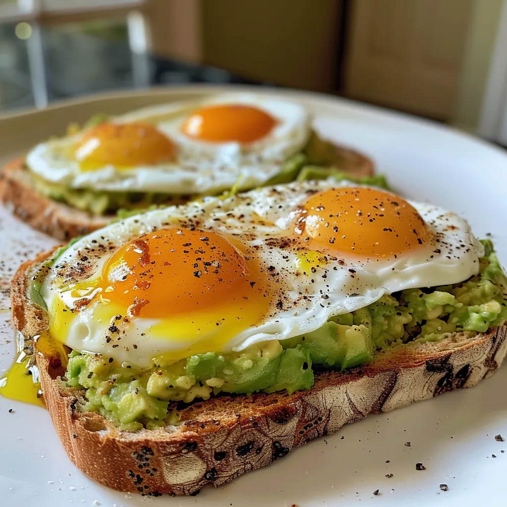 Side view of an enticing Egg Avocado Toast, showcasing the creamy avocado and golden egg.