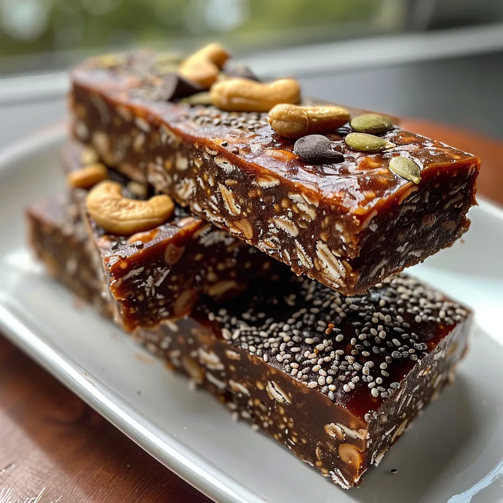 Tasty energy bars displayed, highlighting chunks of chocolate and dates.
