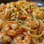 Delicious shrimp pasta dish, showcasing vibrant colors and rich textures of ingredients.