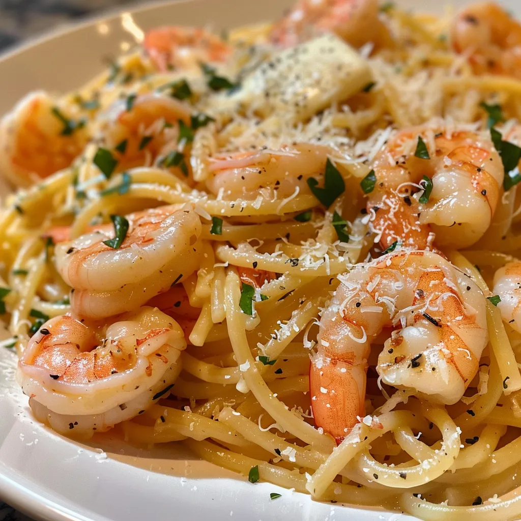 Appetizing plate of shrimp linguine, highlighting plump shrimp and creamy sauce.