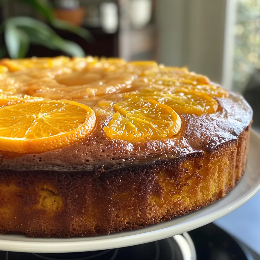 Detailed close-up of a whole flourless orange cake, emphasizing its rich color and soft edges.