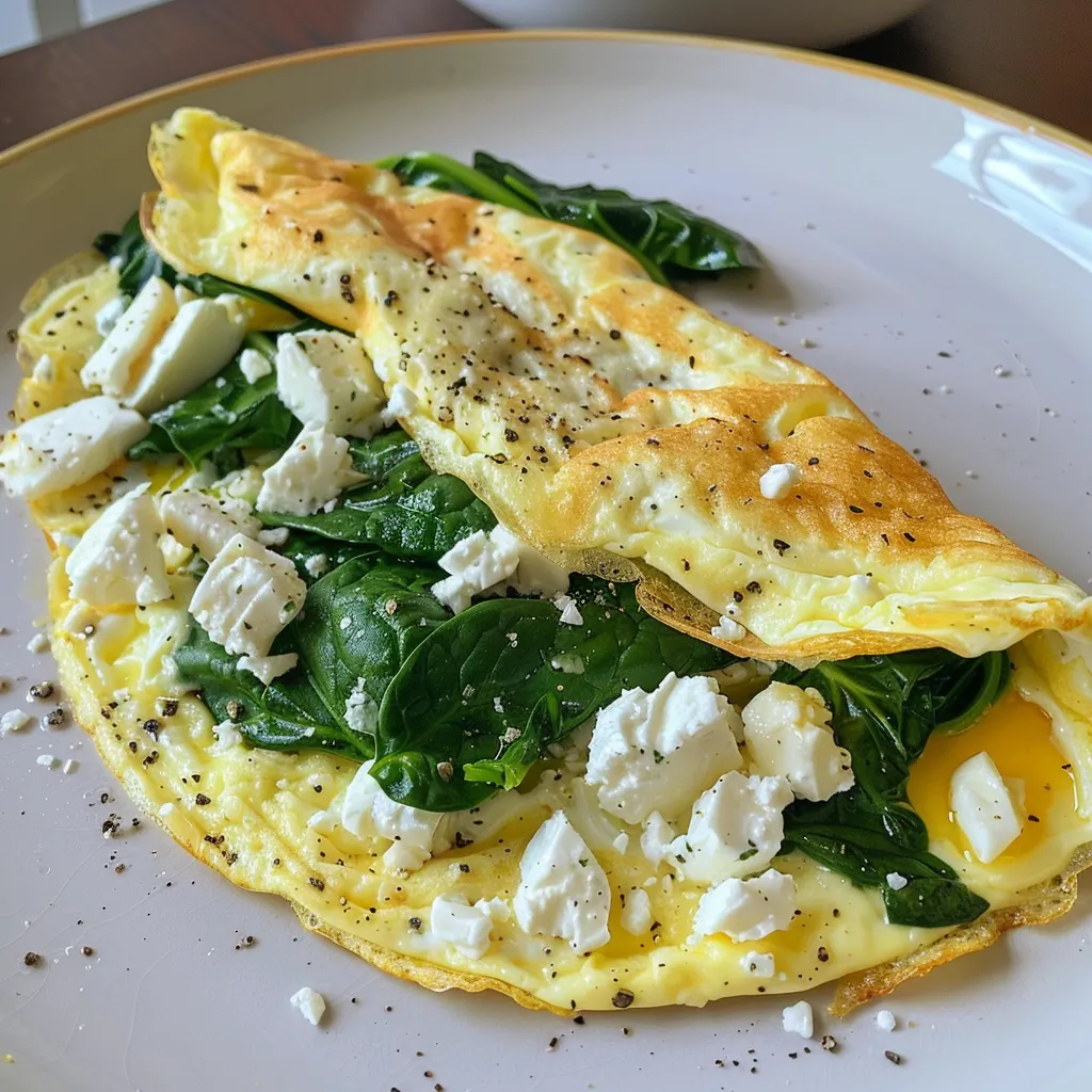 A beautifully plated spinach and feta omelette, showcasing its fluffy texture.