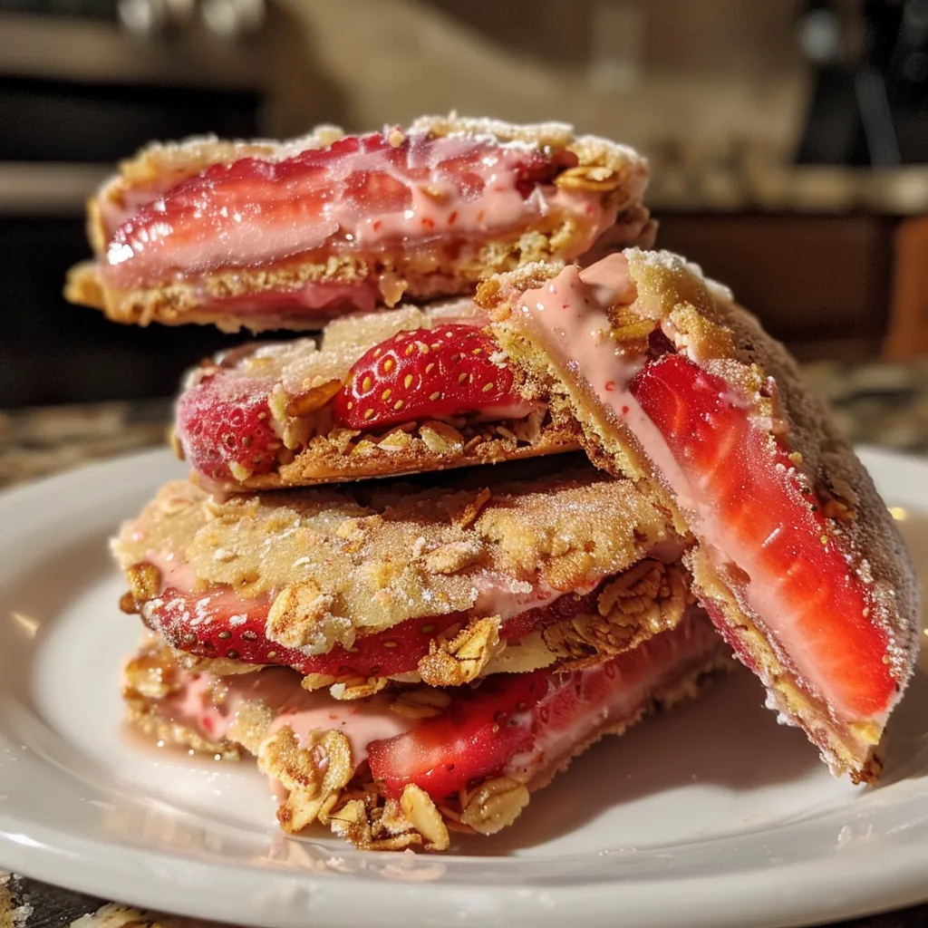 Side view of yogurt cookies with strawberries, captured on a wooden surface.