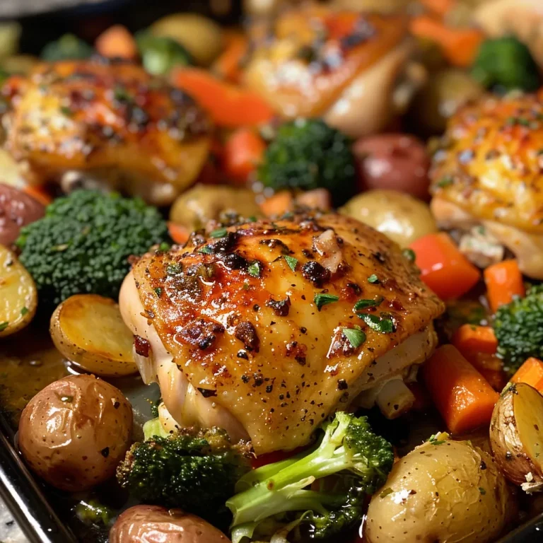 A detailed close-up of tender chicken breasts coated in garlic butter, alongside fresh vegetables and potatoes.