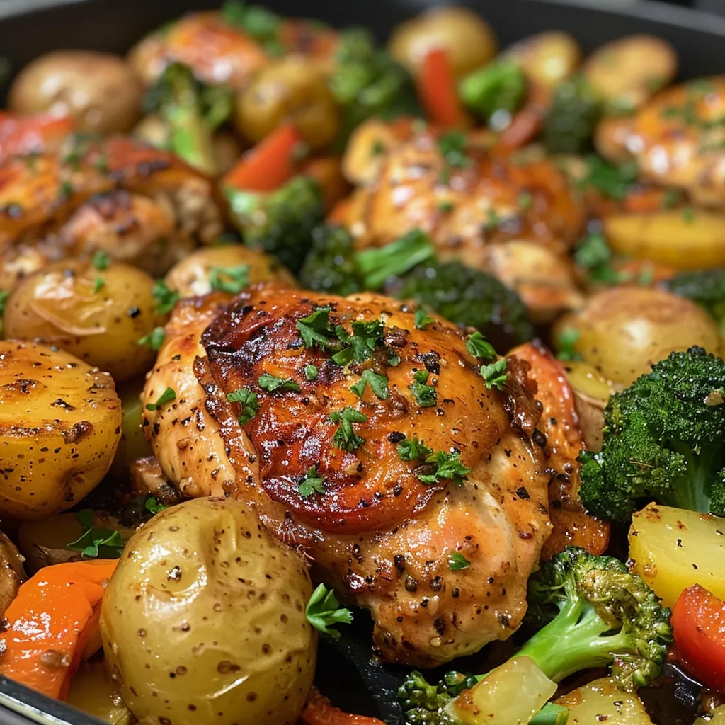 A delicious arrangement of garlic butter chicken, mixed veggies, and baby potatoes in a bowl.