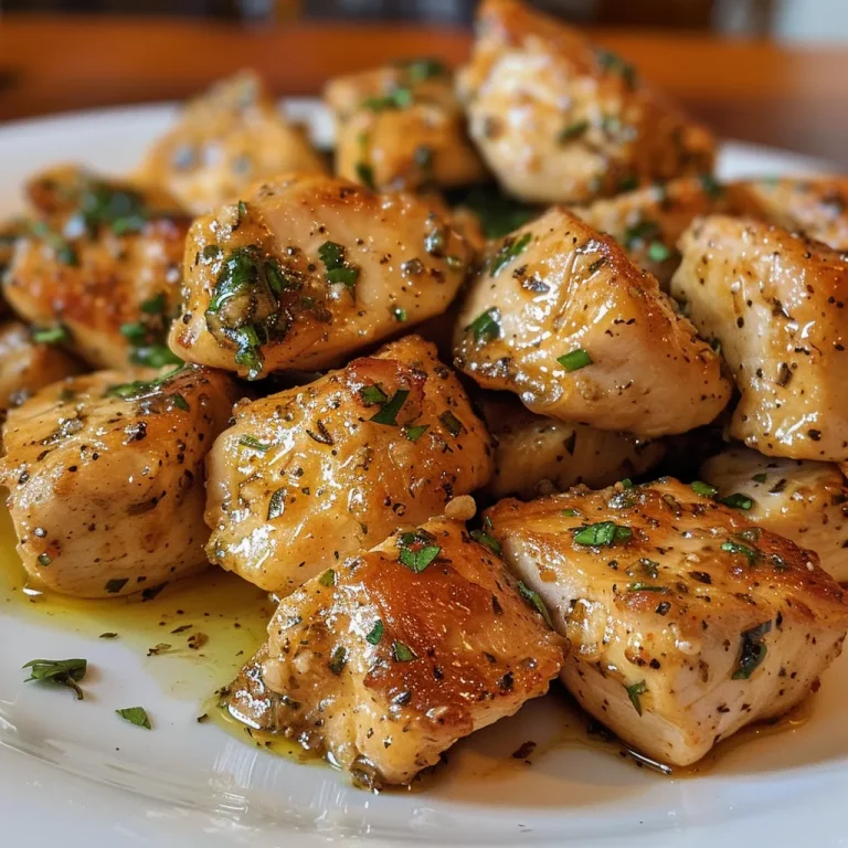 Appetizing chicken bites coated in garlic butter, served in a rustic dish.