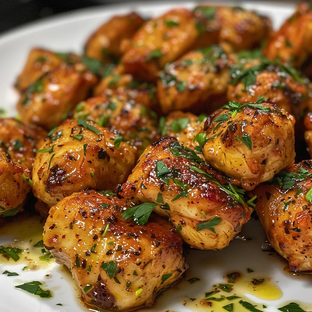 Side view of cooked chicken bites drenched in garlic butter sauce.