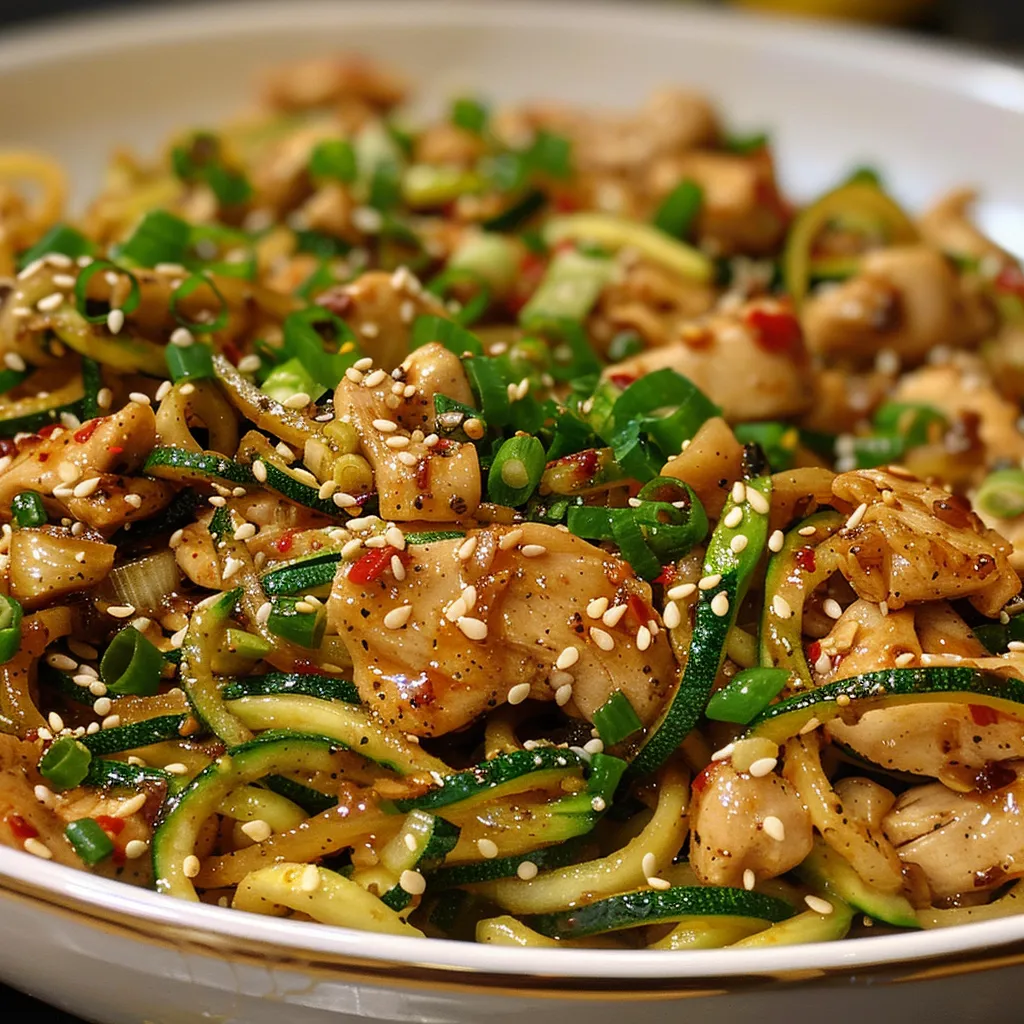 Detailed view of a colorful plate of chicken and zucchini noodles stir fry.