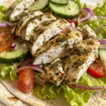 Detailed photo of a Greek chicken wrap, with visible layers of chicken, veggies, and sauce.