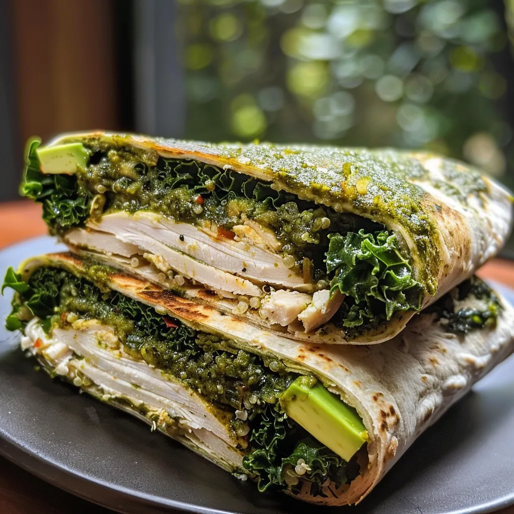 Juicy chicken wrap with layers of avocado, pesto, and quinoa, viewed from the side.