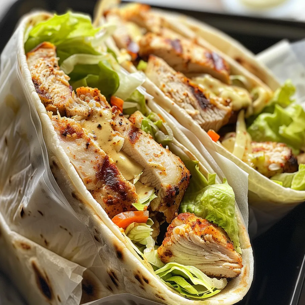 Tasty grilled chicken wrap featuring layers of cheese and lettuce.