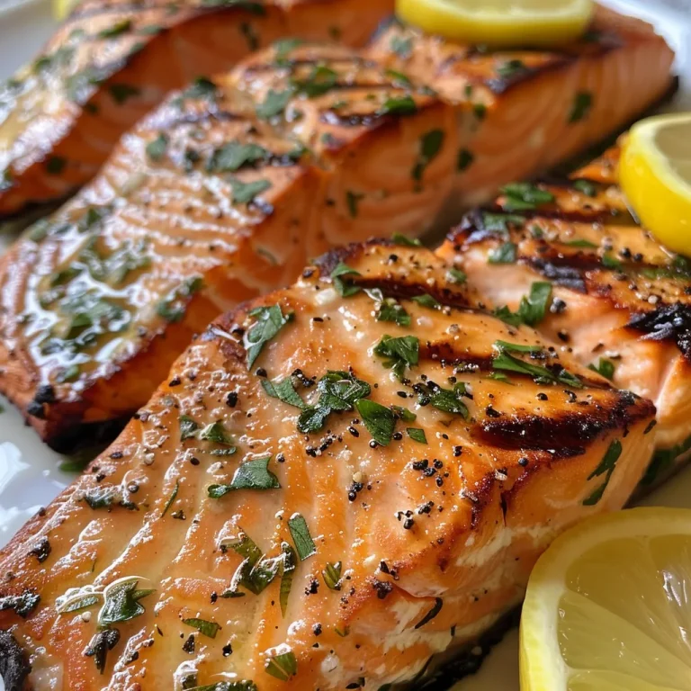 A succulent piece of grilled salmon accompanied by lemon wedges and a drizzle of lemon butter sauce.