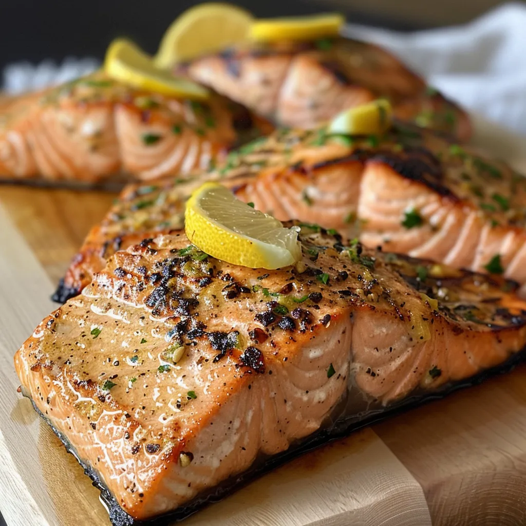 Juicy grilled salmon fillet resting on a plate, garnished with lemon butter and fresh herbs.