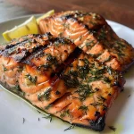 Juicy grilled salmon on a plate, highlighted with fresh herbs and lemon slices for added flavor.
