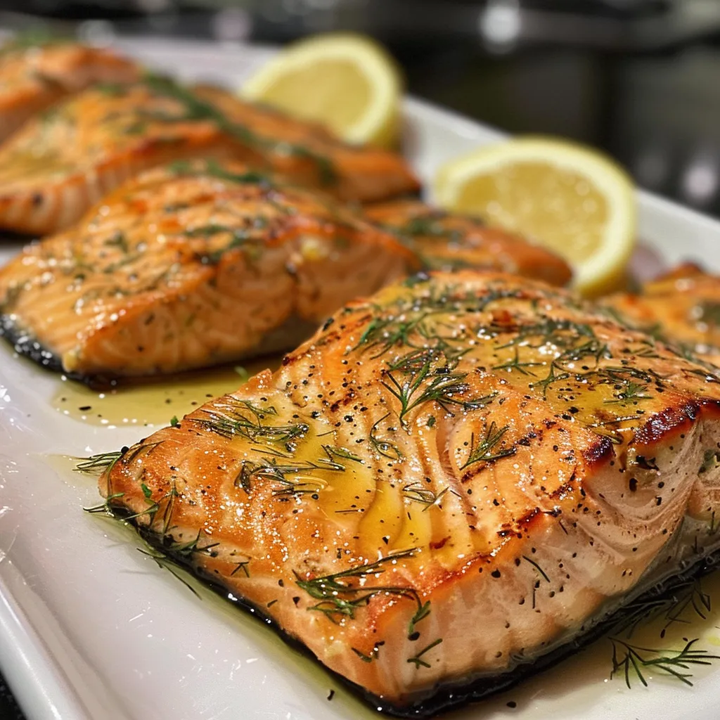 Succulent grilled salmon fillet, displaying grill marks and a rich, appetizing glaze.