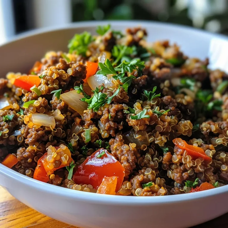 A detailed view of a hearty ground beef and quinoa dish garnished with fresh herbs.