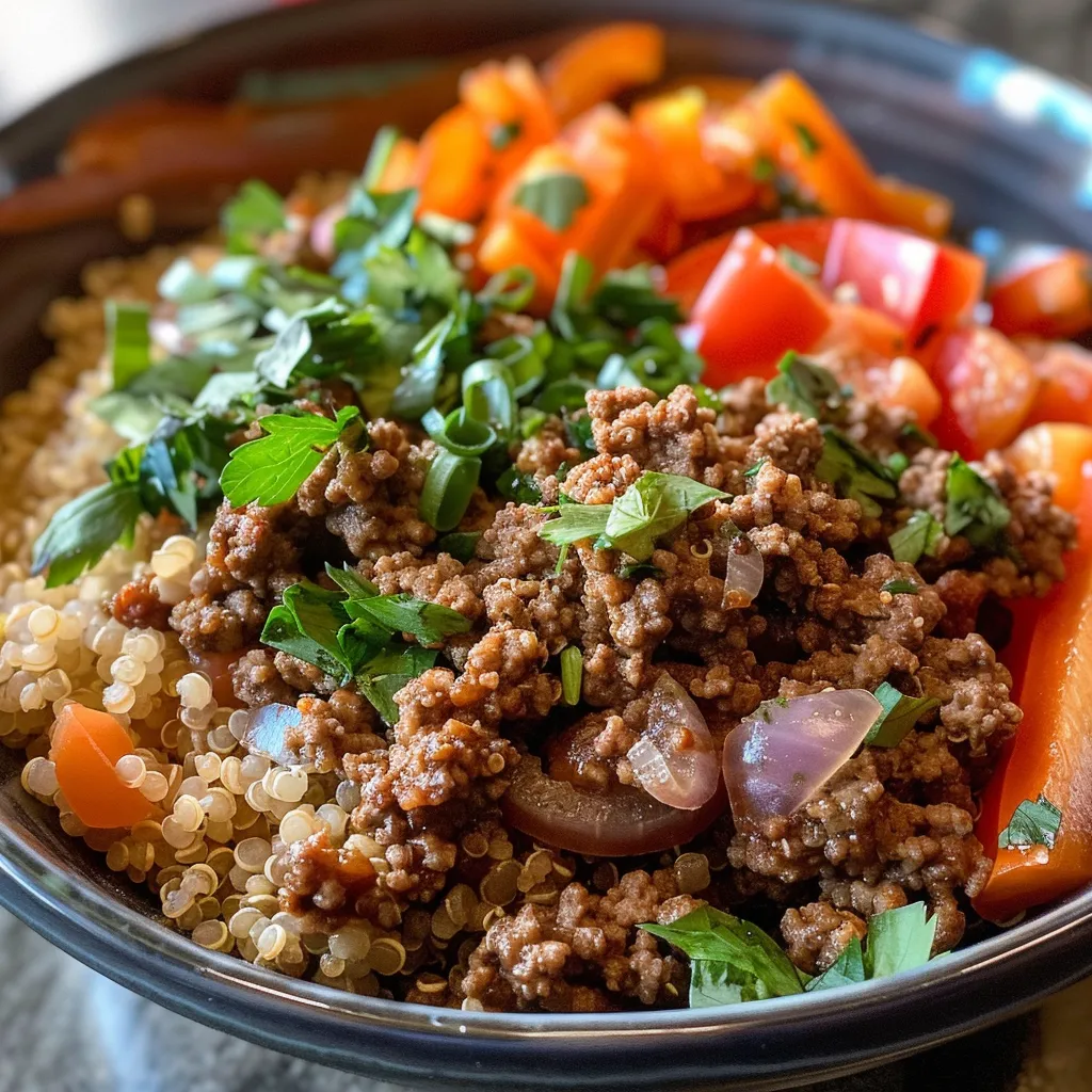 Side angle of a delicious bowl filled with ground beef, quinoa, and mixed vegetables.