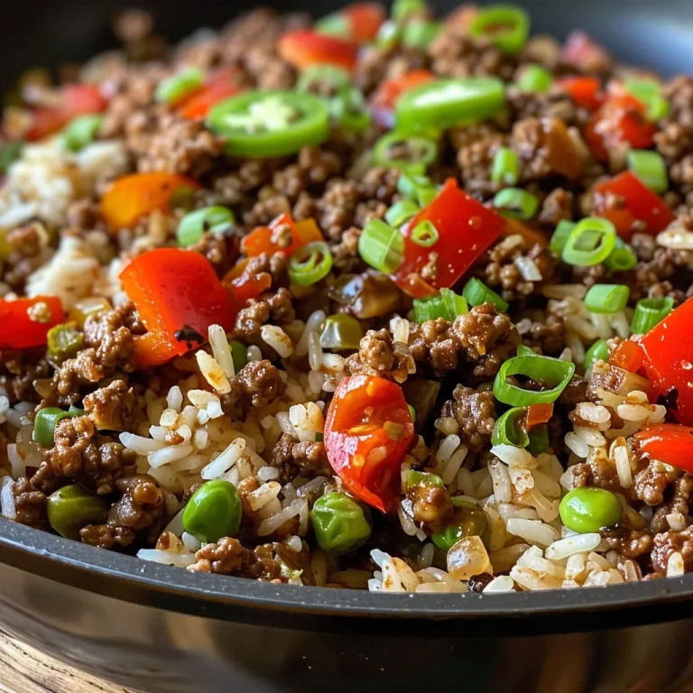 Quick and Flavorful Ground Beef and Rice Skillet for Busy Nights A hearty ground beef and rice skillet filled with vibrant ingredients and spices.