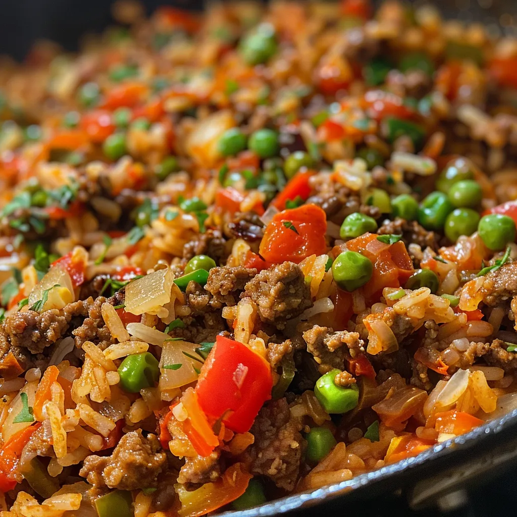 Delicious ground beef and rice, topped with melted cheese in a cast iron skillet.