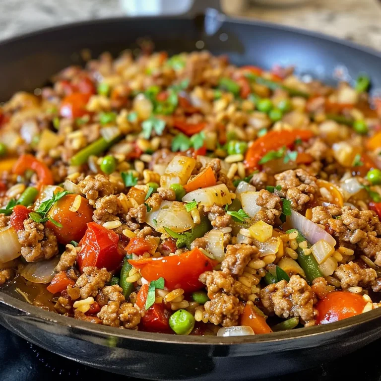 Side view of a vibrant ground turkey and rice skillet dish in natural lighting.
