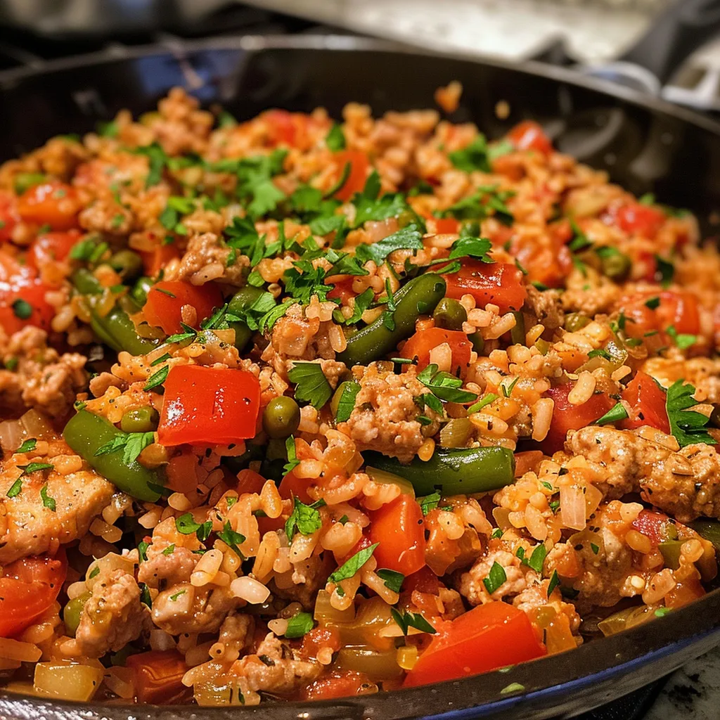 Delicious ground turkey skillet featuring diced tomatoes and herbs.