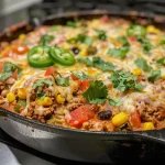 Mouthwatering ground turkey enchilada skillet, showcasing layers of ingredients and garnished with cilantro.