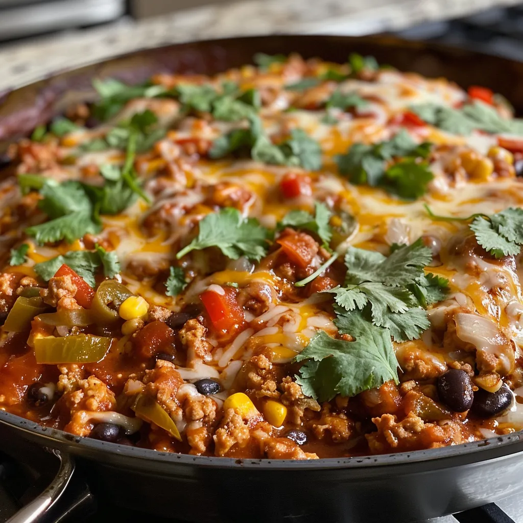 Juicy ground turkey enchilada skillet filled with colorful veggies and topped with melted cheese, ready to serve.