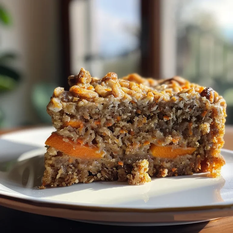 Slice of Healthy Apple Carrot Oatmeal Cake with visible raisins and dried apricots, presented on a plate.