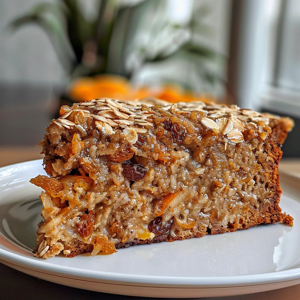 Delicious Healthy Apple Carrot Oatmeal Cake captured in detail, featuring oats, fruit, and a golden crust.