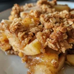 Detailed view of a delicious healthy apple crumble served in a dish.