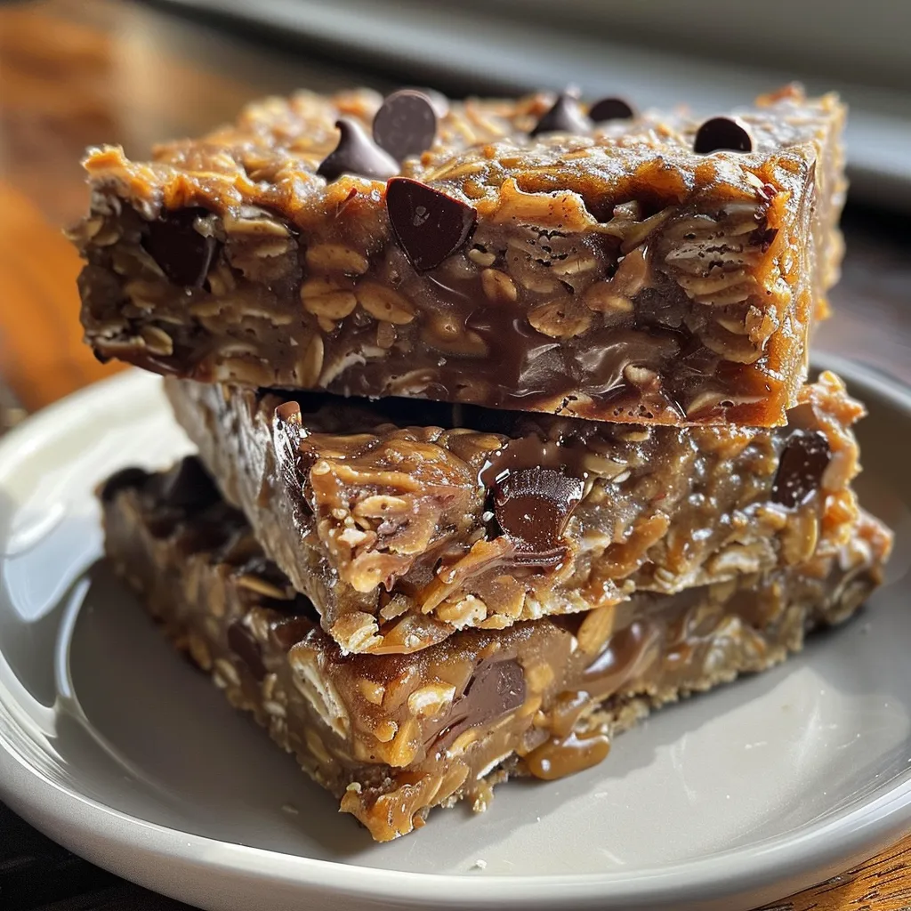 Close-up shot featuring banana chocolate chip oat bars with a sprinkle of flaky sea salt on top.