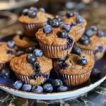 Freshly baked blueberry muffins with blueberries scattered on top.